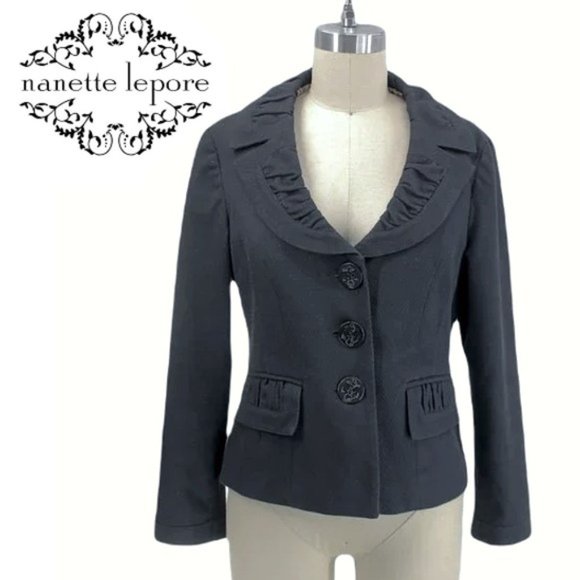 Nanette Lepore Jackets & Blazers - VTG 90s Nanette Lepore Black Cropped Blazer Sailor Collar Nautical Jacket Size 8